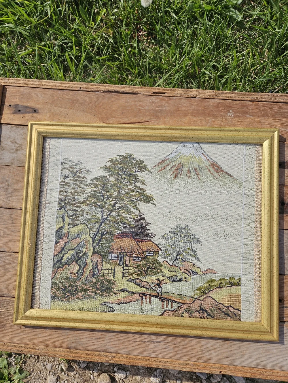 VINTAGE Japanese Tapestry Mt Fuji Landscape Framed Woven Art Garden Scene Japan